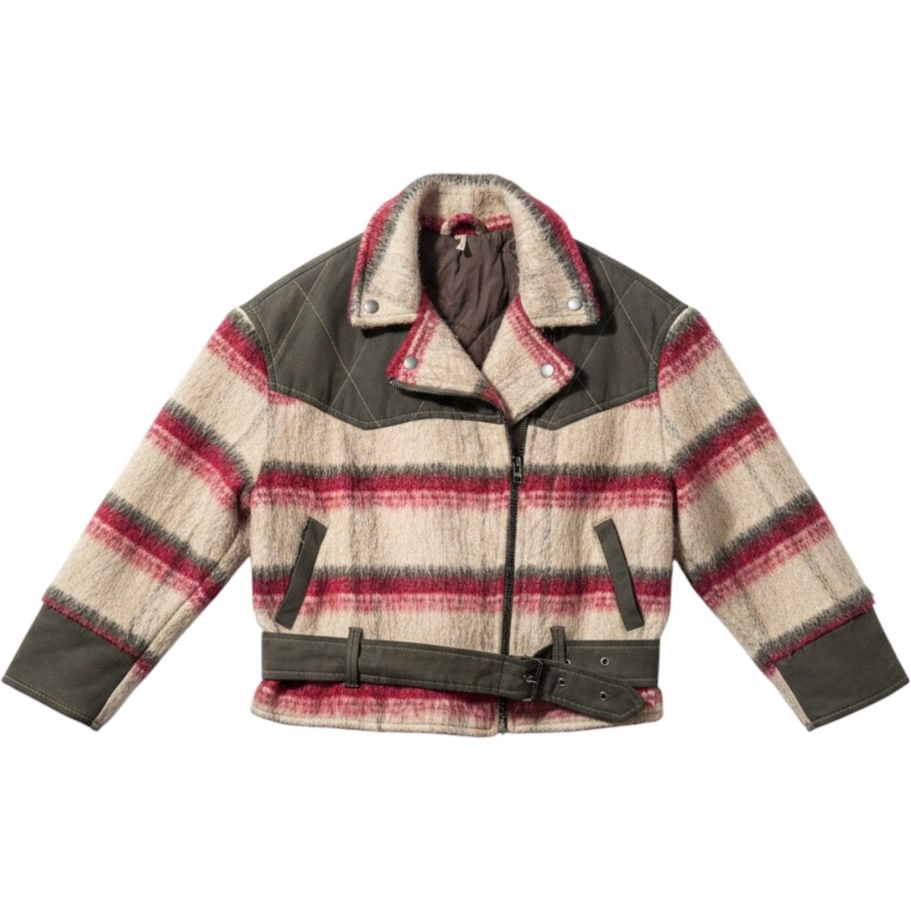 Free People Moto Montana Jacket XS Pink Striped Wool Blend Belted Biker Boho